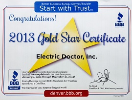 Electrician Denver - Electric Doctor's BBB Gold Star Award 2013
